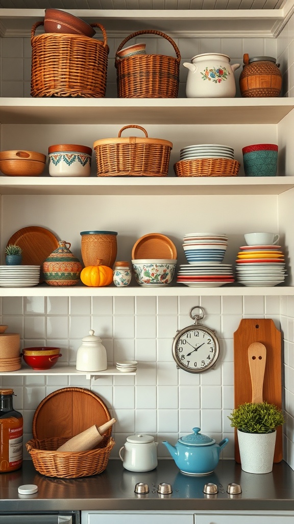 A neatly organized kitchen shelf featuring decorative baskets, dishes, and kitchenware.