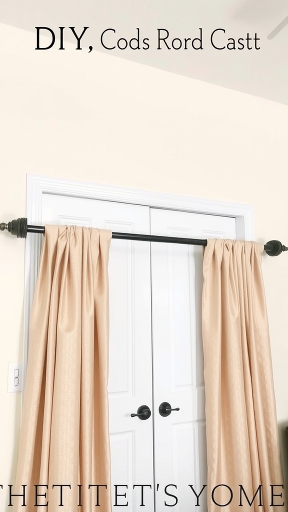 DIY curtain rods with beige curtains hanging across a closet opening.