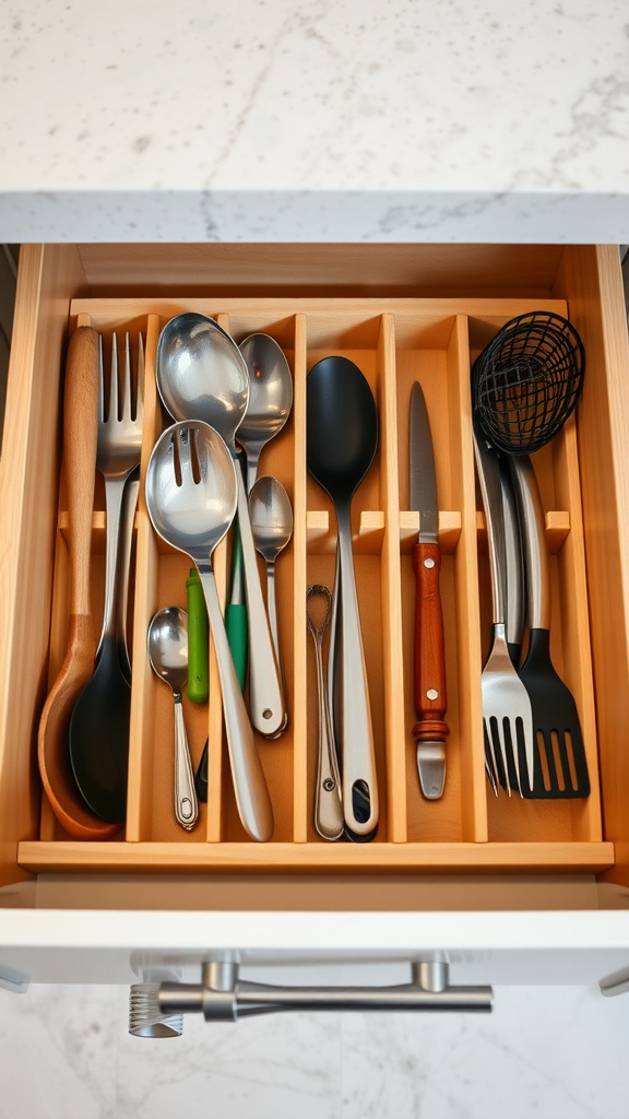 Organized kitchen drawer with wooden dividers separating various utensils