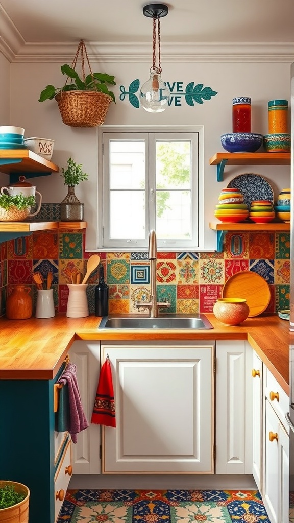 A vibrant boho kitchen featuring colorful tiles, open shelves with dishes, and earthy cabinets.