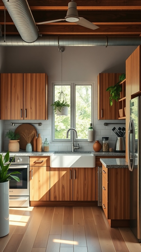 A cozy kitchen featuring wooden cabinets, a large sink, and plants, with natural light streaming in.