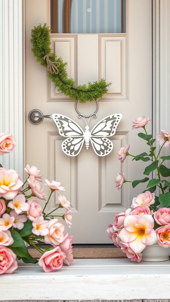 A door adorned with a butterfly hanger, surrounded by pink flowers and a mossy wreath.