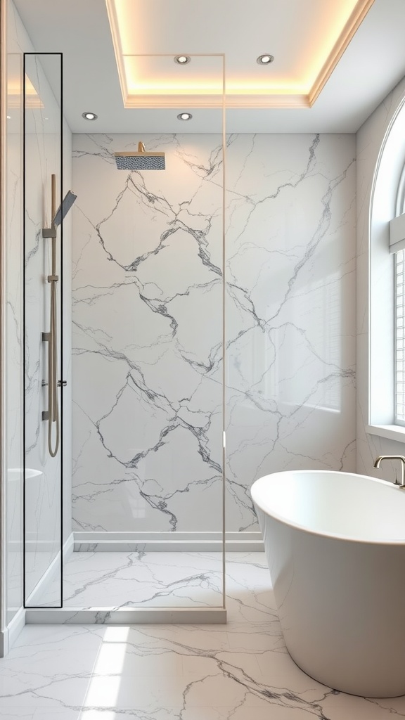 A modern walk-in shower featuring elegant marble walls and a freestanding bathtub.