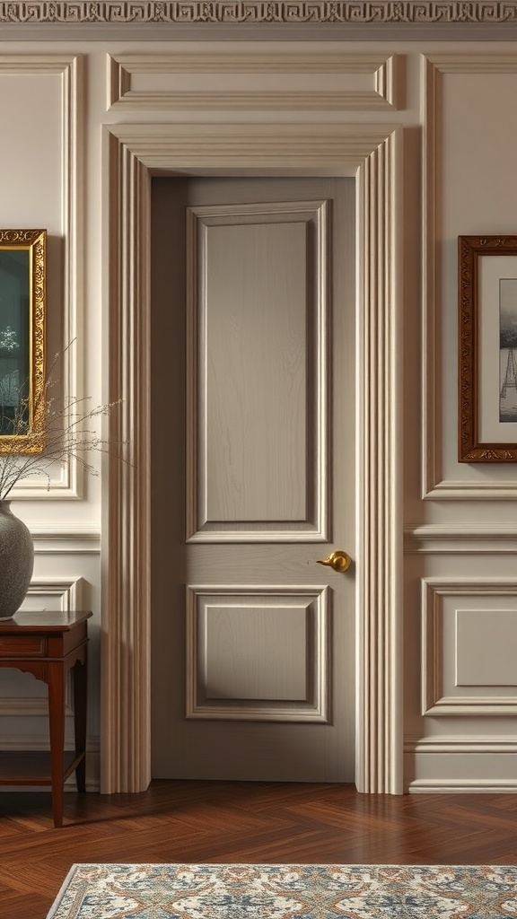 A stylishly paneled door in an elegant room setting with decorative molding and furnishings.