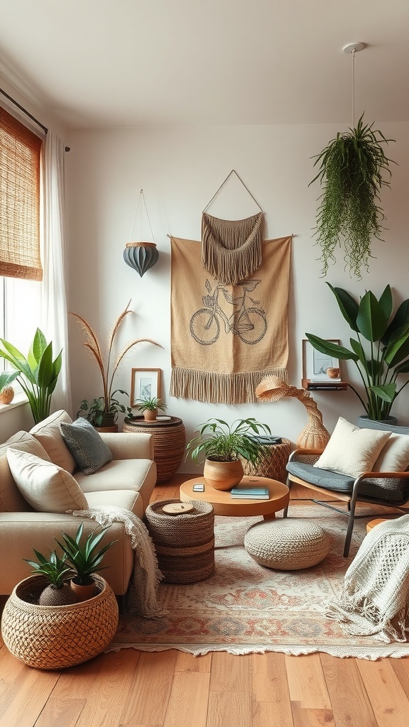 A cozy living room featuring earthy tones and natural decor elements