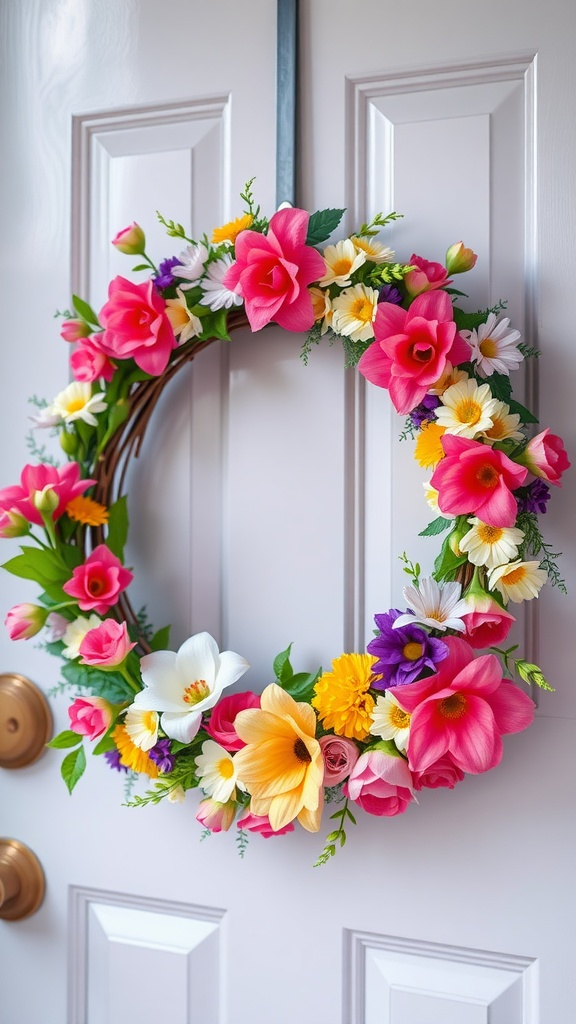 A colorful wreath made of fresh flowers, including pink, yellow, purple, and white blooms, hanging on a light-colored door.