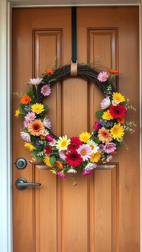 A colorful floral wreath hanging on a wooden door