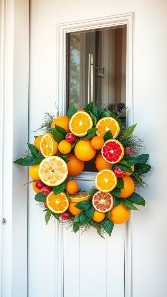 A colorful fruit and citrus slice wreath featuring oranges, lemons, and greenery, hung on a white front door.