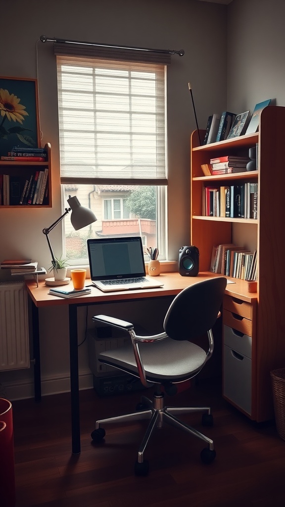 A cozy and functional desk workspace with a laptop, books, and a lamp, located near a window.