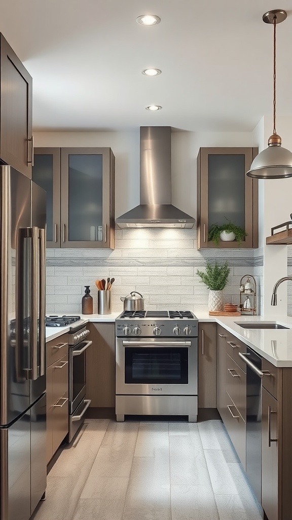 A modern kitchen with stainless steel appliances and metallic finishes, featuring a sleek stove, hood, and stylish cabinetry.