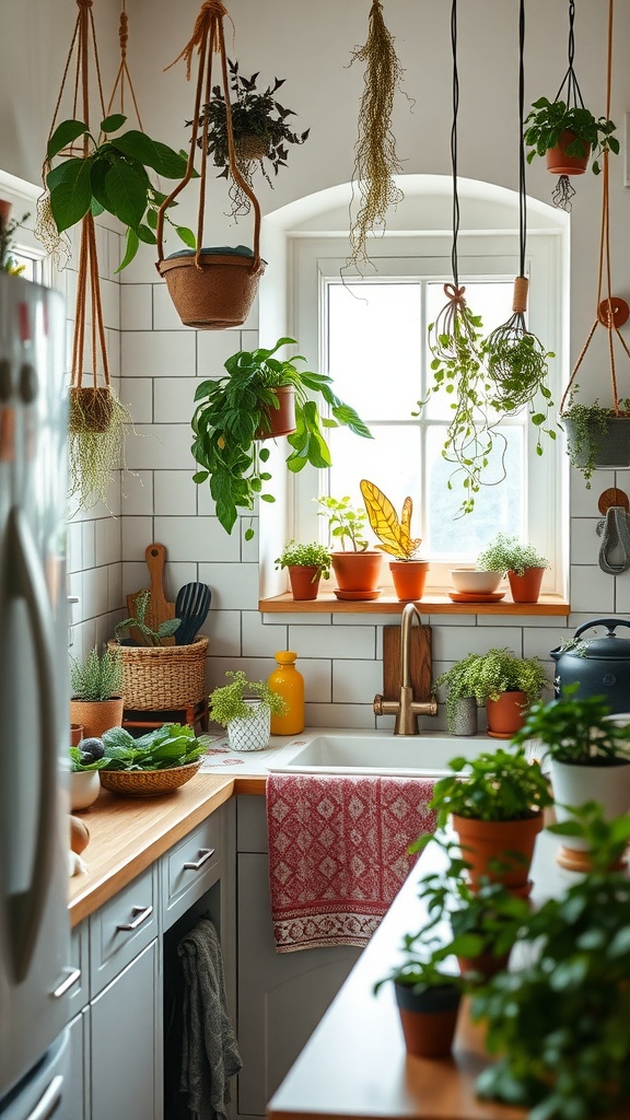 A bright boho kitchen filled with greenery, featuring hanging plants and potted herbs on the windowsill.