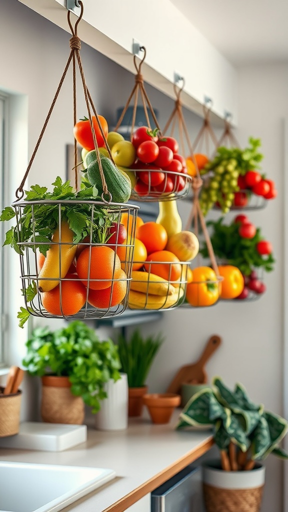 Hanging baskets filled with fresh produce in a modern kitchen setting