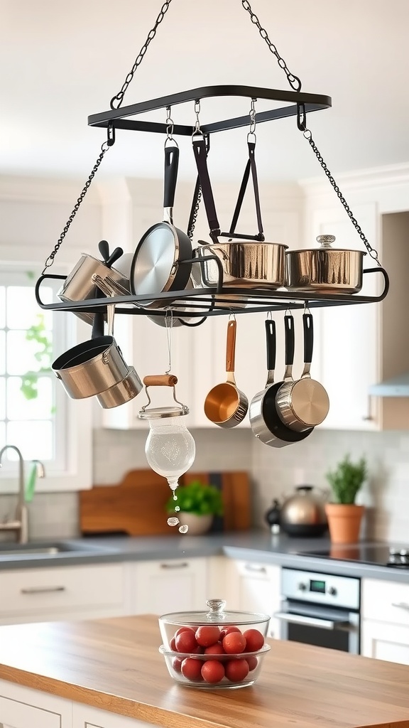 A hanging pot rack above a kitchen island with various pots, pans, and utensils displayed.