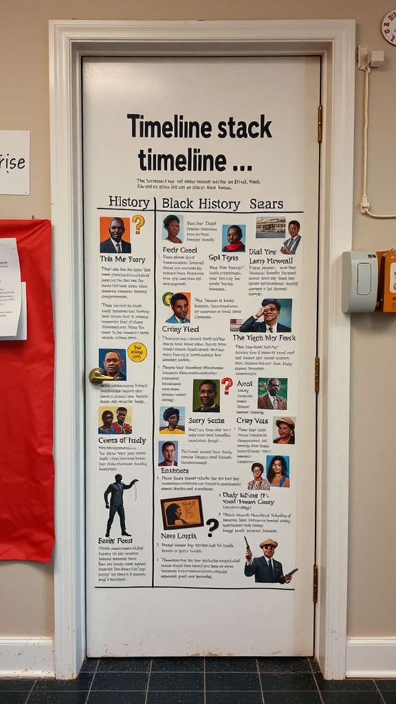 Door decoration featuring a timeline of historical milestones in Black history, with images and descriptions of key figures and events.