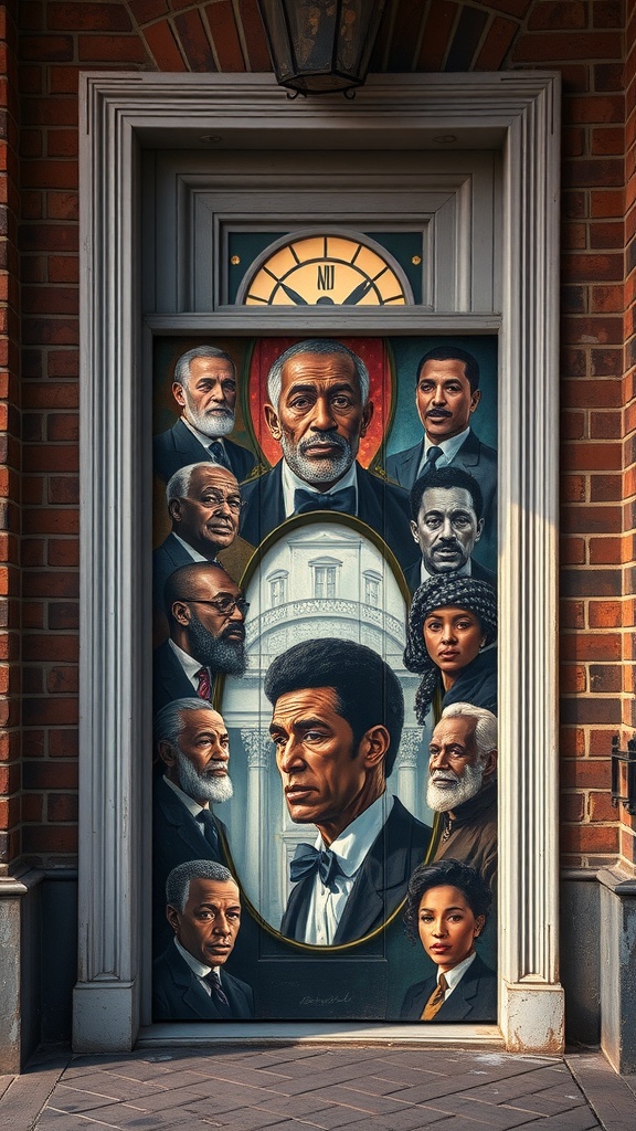 Artistic door decoration featuring portraits of influential Black historical figures