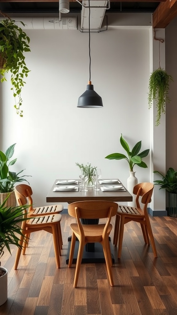 A cozy dining area with wooden furniture and lots of green plants.