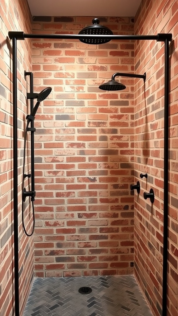 Walk-in shower with exposed brick walls and black fixtures