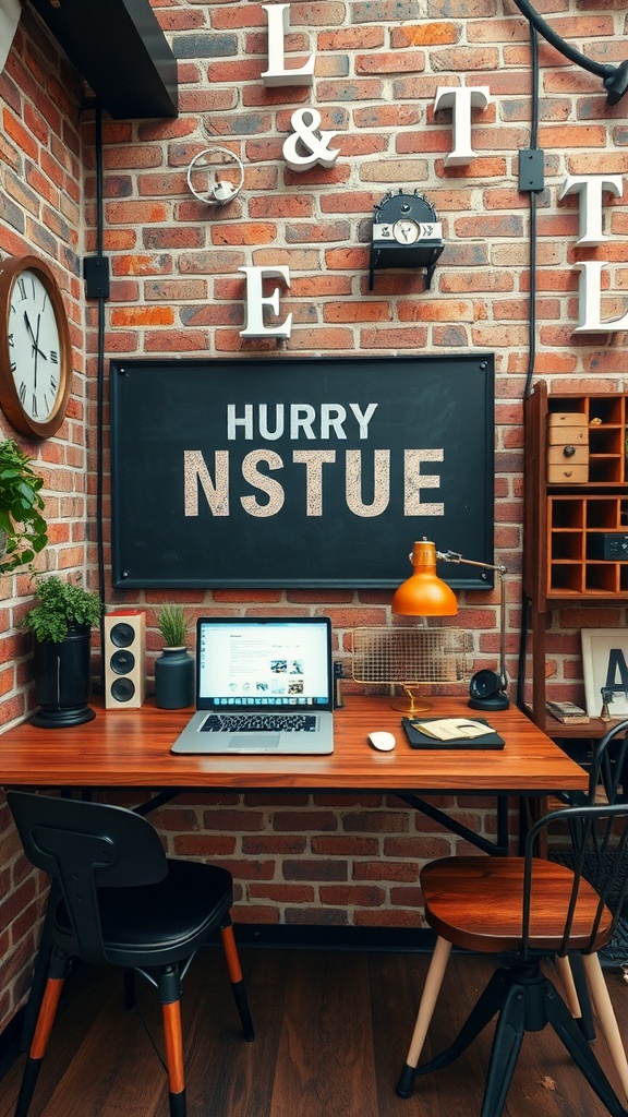 An industrial loft desk setup featuring a wooden desk, laptop, and decorative items against a brick wall.