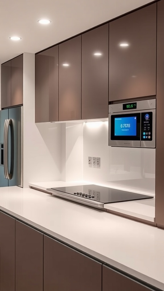 A modern kitchen featuring a sleek design with integrated smart technology, including a microwave and induction cooktop.