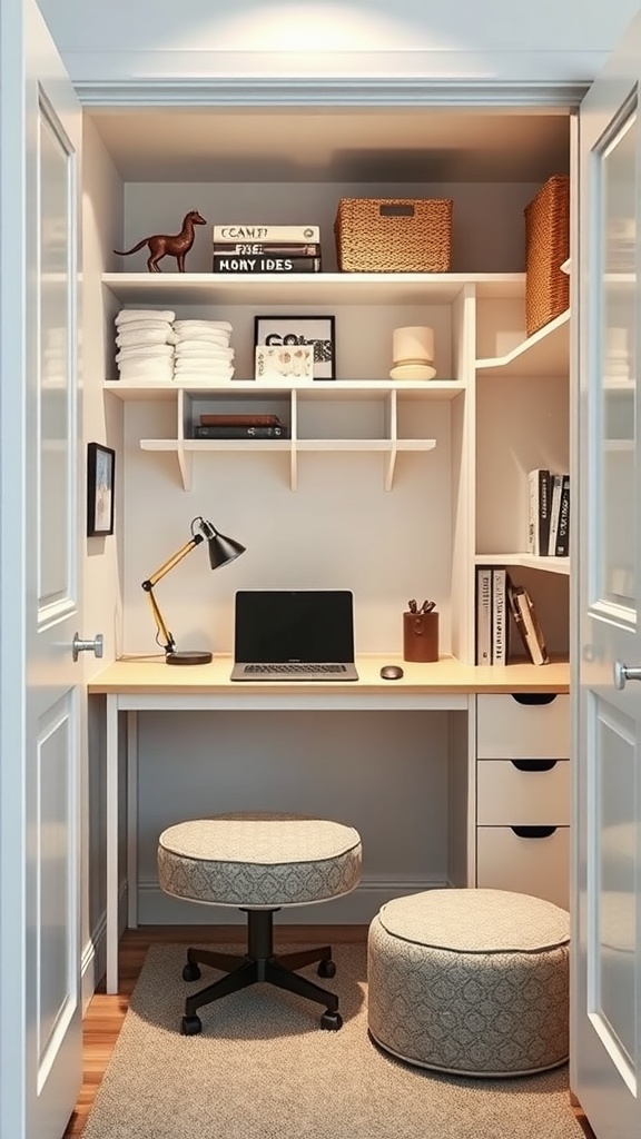 A closet converted into a workspace with a desk, stool, shelves, and organized storage.