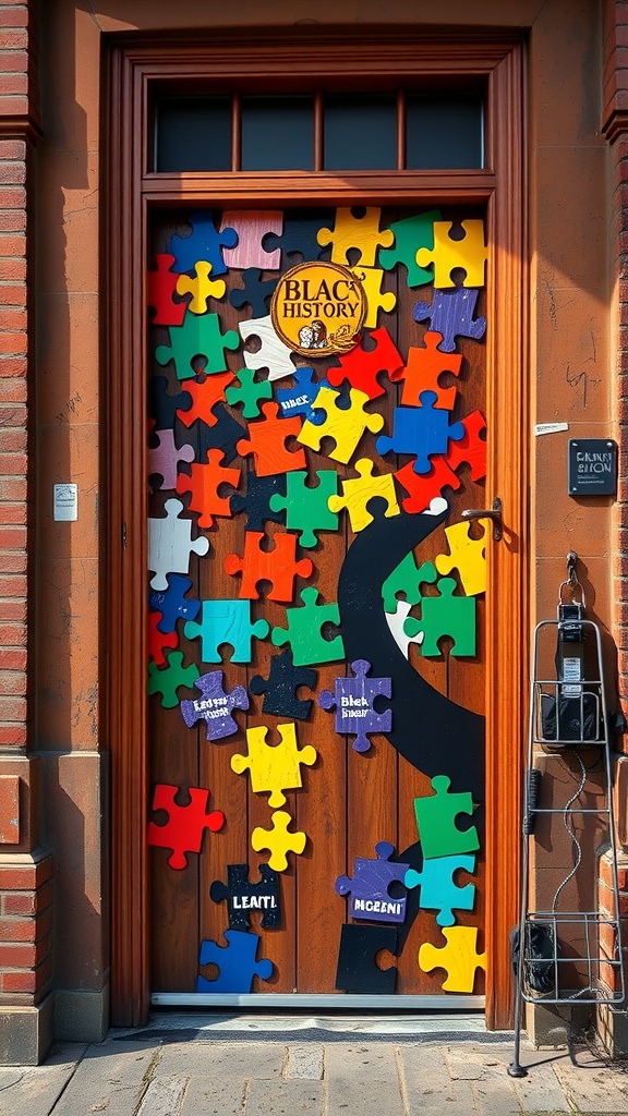 A door decorated with colorful puzzle pieces highlighting the theme of Black History, featuring the words 'Black History' at the center.