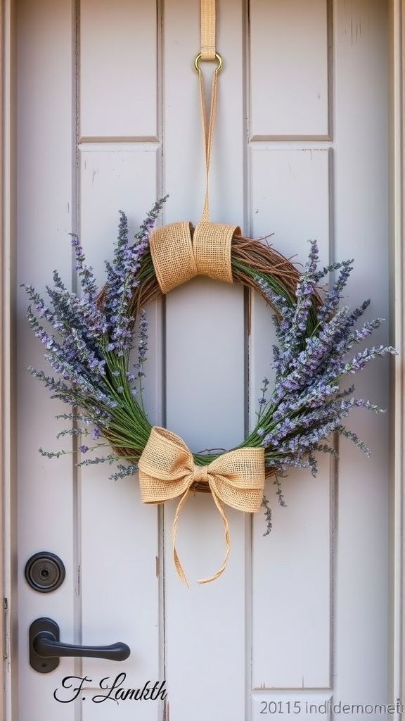 Lavender and burlap wreath hanging on a door