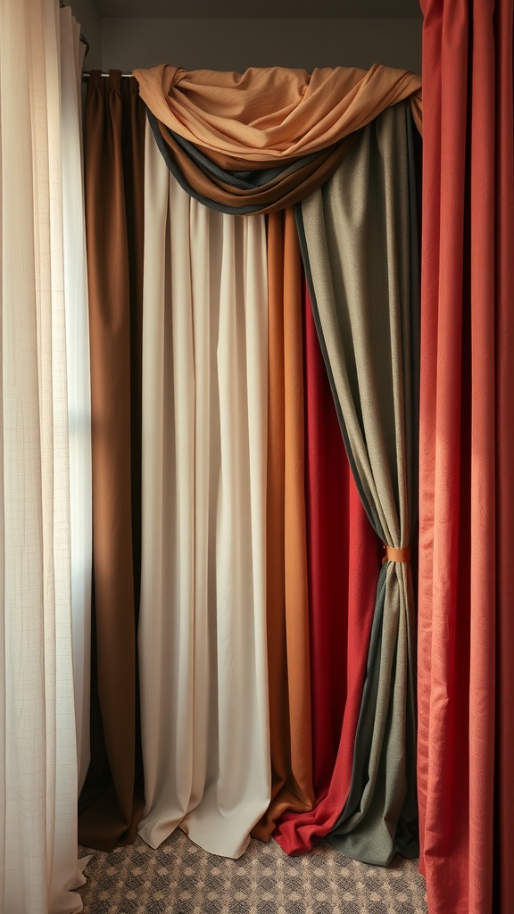 A display of layered curtains in various colors and textures, showcasing depth and warmth.