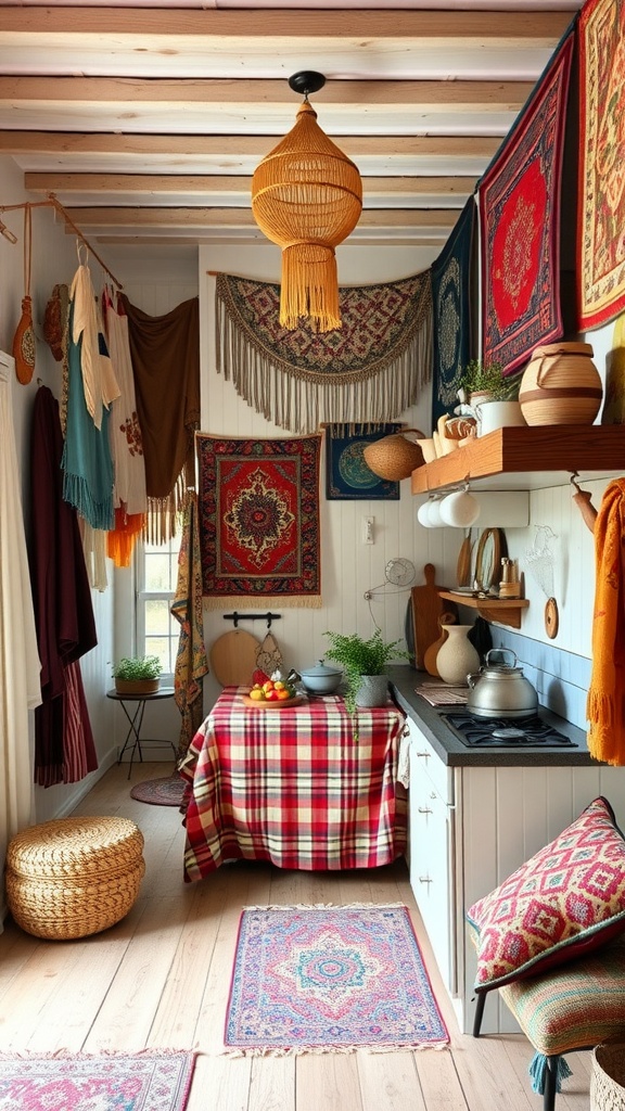 A cozy boho kitchen adorned with layered textiles, featuring a plaid tablecloth, colorful wall hangings, and rustic decor.