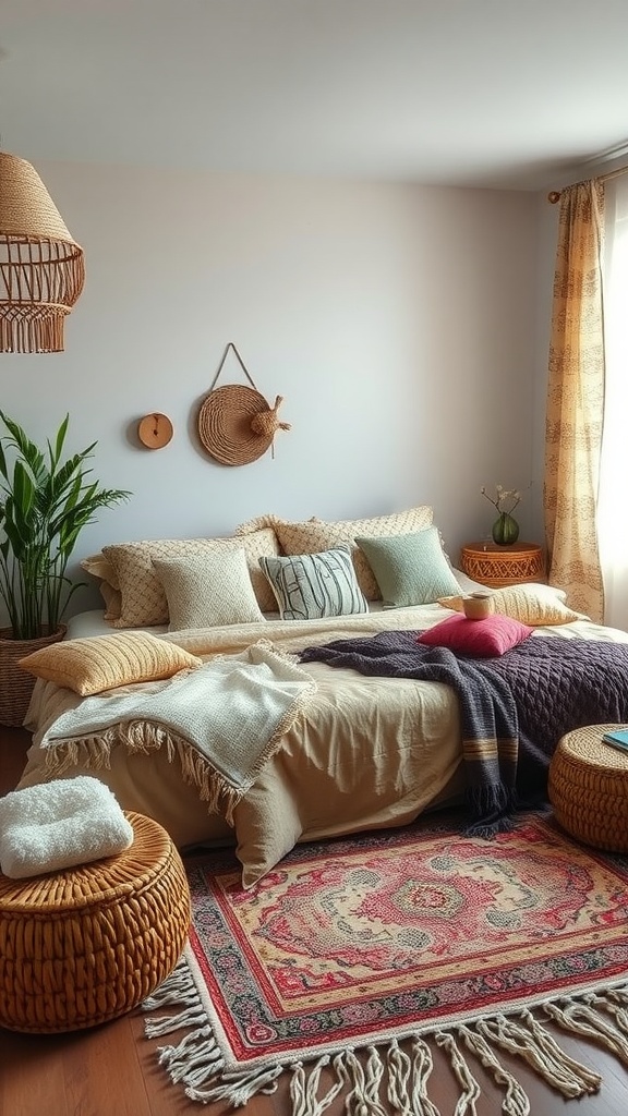 Cozy boho bedroom with layered textures, featuring a bed with various cushions, a knitted throw, woven baskets, and a patterned rug.