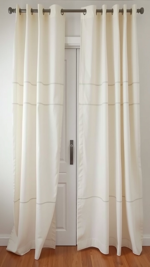 Linen curtains hanging in front of a closet door, giving a casual and cozy appearance.