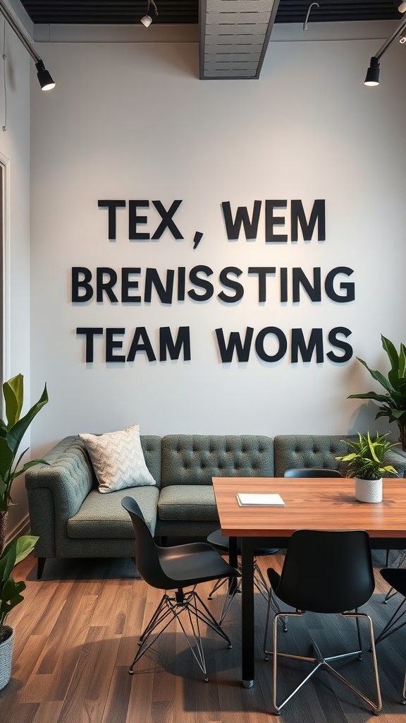 A modern office collaboration area featuring a couch, wooden table, and plants, with bold typography on the wall.