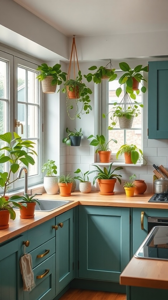 A bright kitchen with various indoor plants displayed on countertops and hanging from the ceiling.