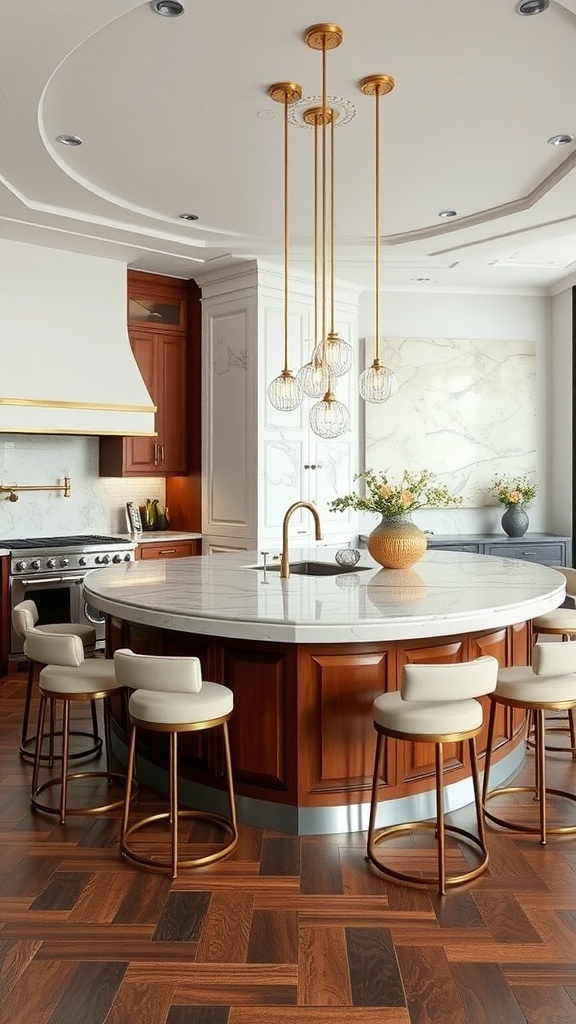 A luxurious kitchen with a large round island, marble countertop, and ample seating.