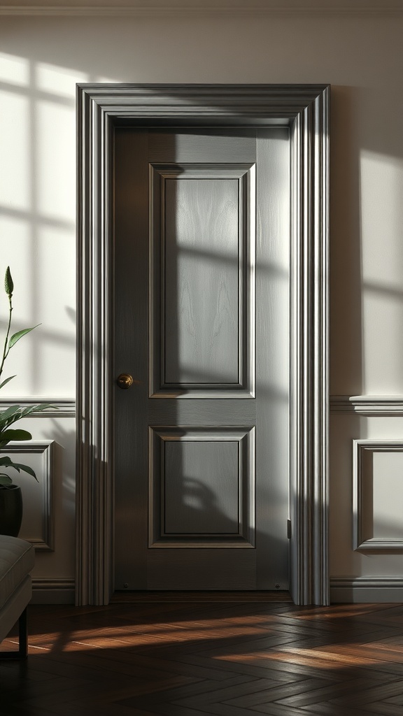 A door with a luxurious metallic finish, featuring elegant framing and sunlight casting shadows on the floor.