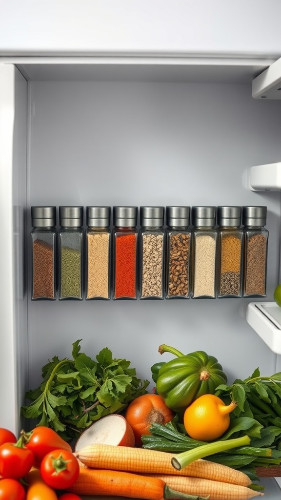 Magnetic spice jars organized on a fridge, with fresh vegetables below.