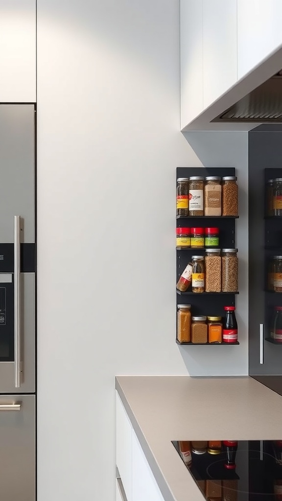 A modern kitchen featuring a wall-mounted magnetic spice rack with various spice jars.