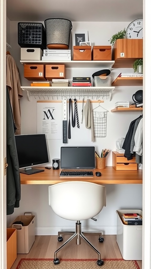 A well-organized closet workspace with shelves, storage boxes, and office equipment.