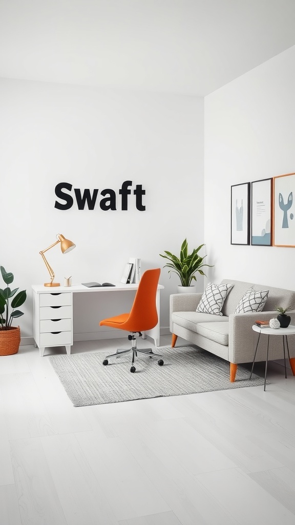 A minimalist office featuring a white desk, orange chair, and a cozy couch with decorative pillows.