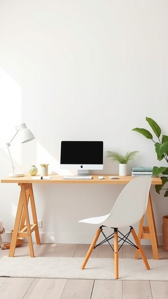 A minimalist Scandinavian workspace featuring a wooden desk, a computer, a plant, and a simple lamp.