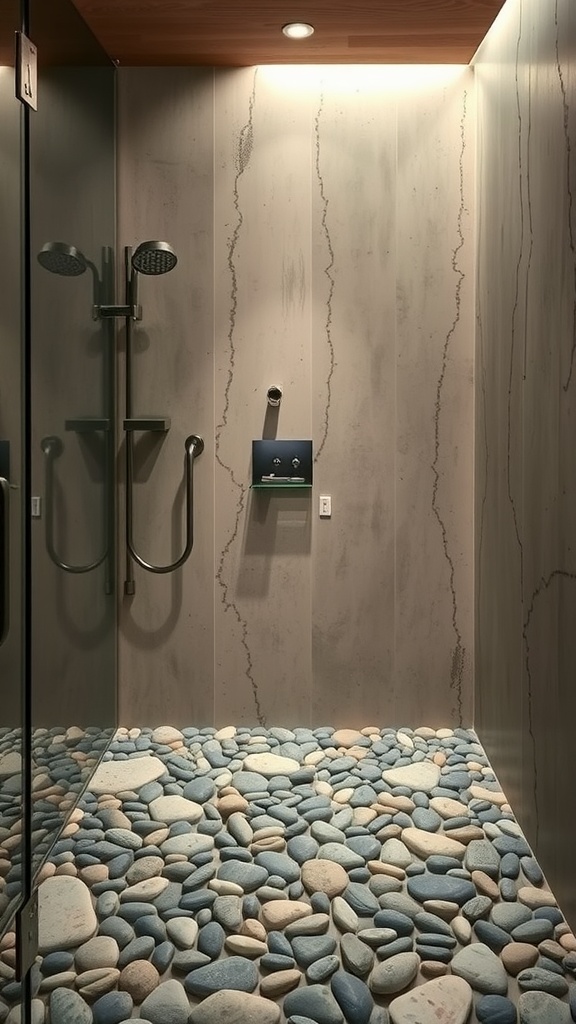 A minimalist walk-in shower featuring smooth blue pebbles on the floor and textured walls, creating a zen-like atmosphere.