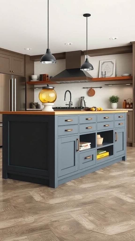 A stylish blue kitchen island with storage drawers and open shelves, set in a modern kitchen.