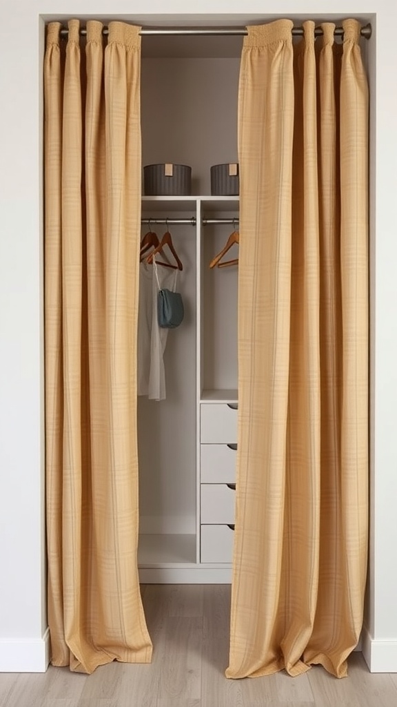 A cozy closet with natural fiber curtains in warm tones, showcasing an eco-friendly style.