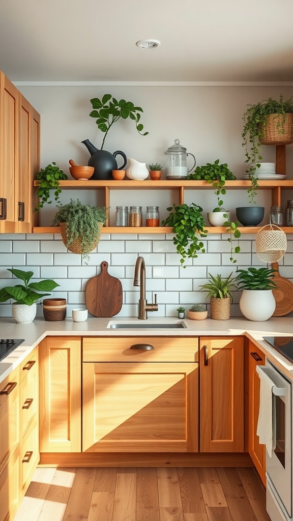 Bohemian kitchen featuring natural wood accents and plants on shelves