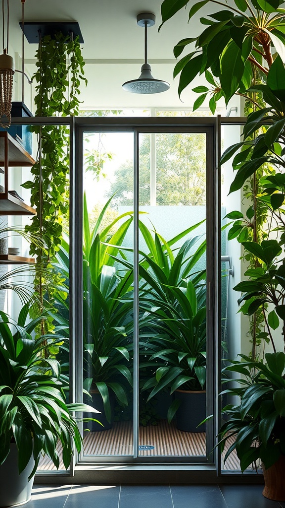 A walk-in shower surrounded by lush greenery and plants, creating a serene atmosphere.