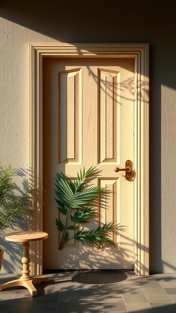 A hollow core door with palm leaves attached, complemented by a small side table and plant.