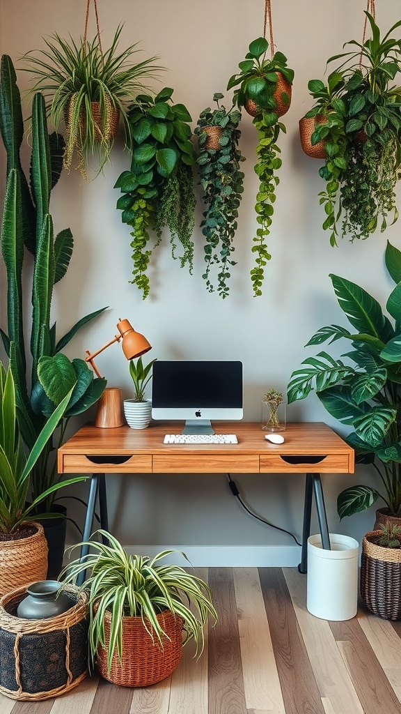 A cozy office nook featuring a wooden desk surrounded by various green plants.