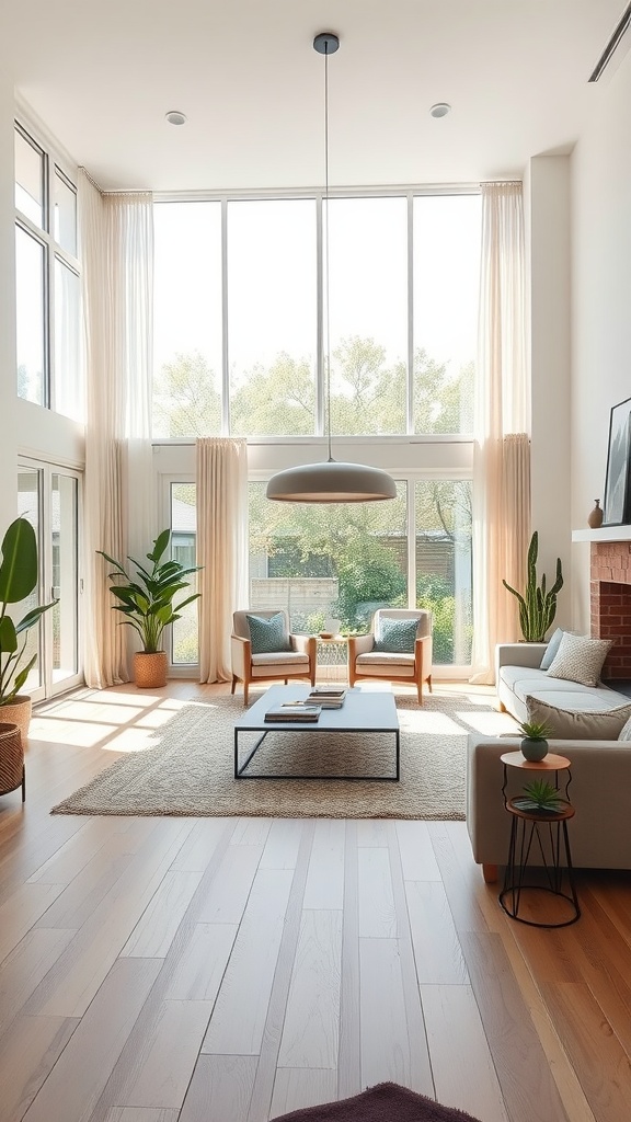 A bright and airy living room with large windows, light curtains, and plants, featuring a cozy seating arrangement.