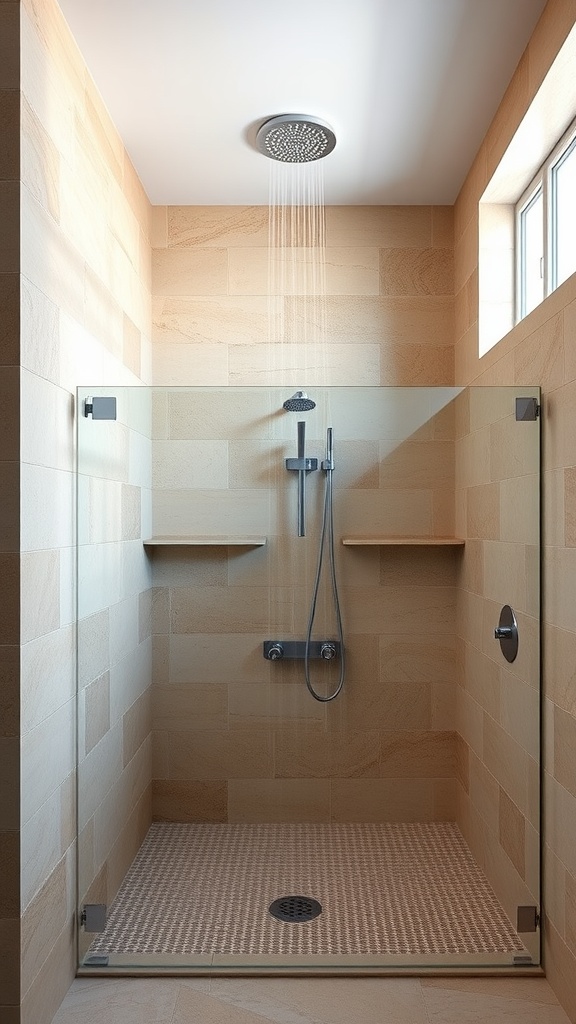 A modern walk-in shower with natural stone walls, glass panel, and a large overhead shower.