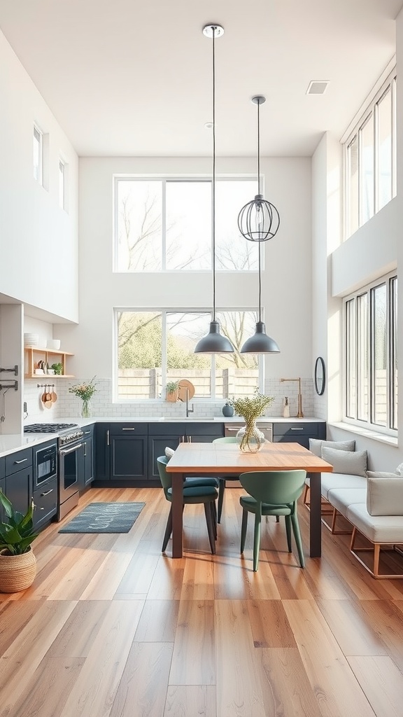 An open concept kitchen with large windows, dark cabinetry, and a wooden dining table.