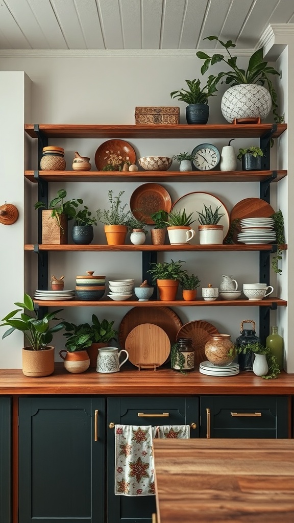 A boho kitchen with open shelving displaying plants, plates, and decorative items